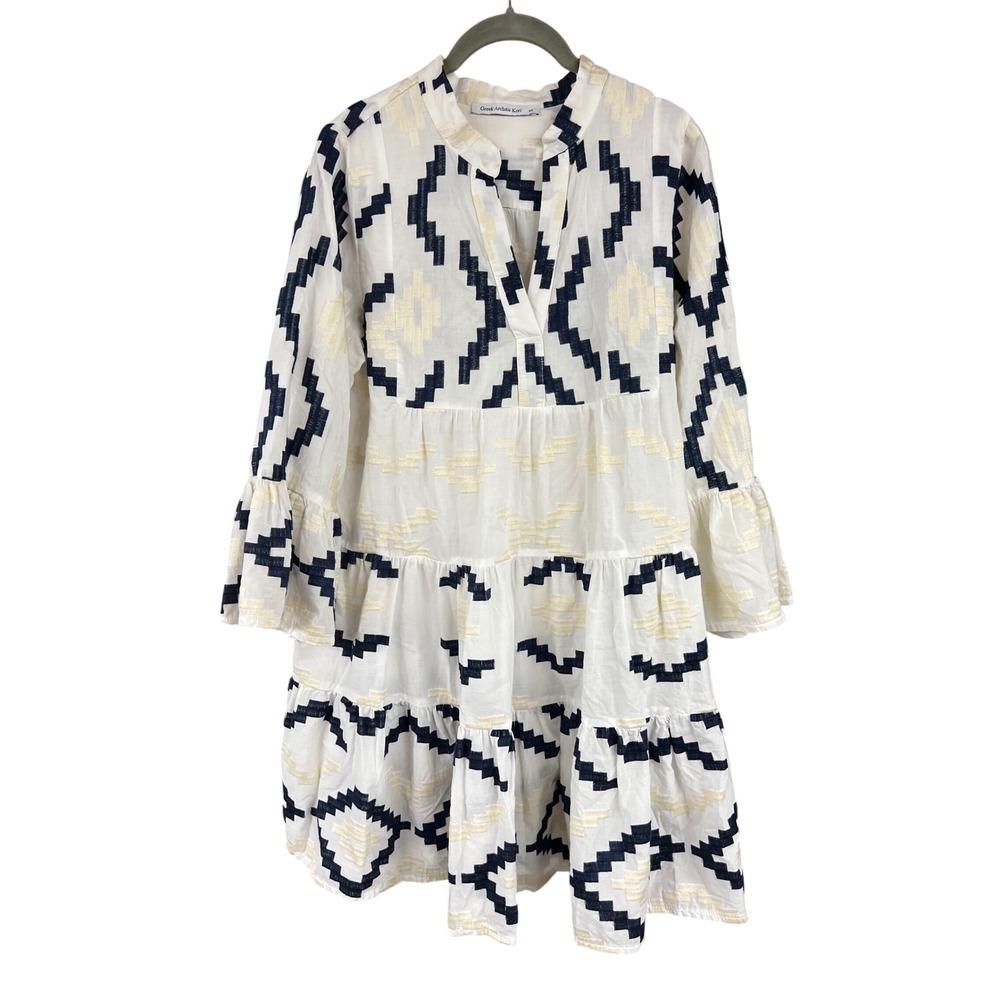 Greek Archaic Kori Geometric Embroidered Cotton Tiered Mini Dress White Navy XS